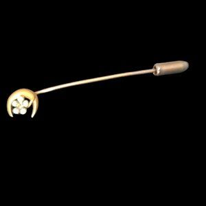 1900s 14k Gold Enamel Flower and Moon Stickpin